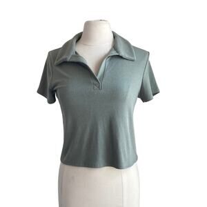 BP Cropped Baby Tee Polo Womens Sz Large Green Ribbed Stretch Cap Sleeve Y2K
